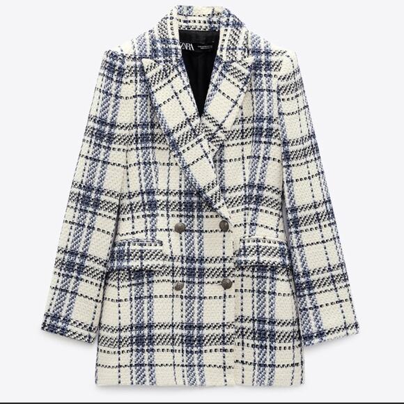 NWT Zara Blogger Blue White Double Breasted Textured Blazer Jacket. - Picture 2 of 13